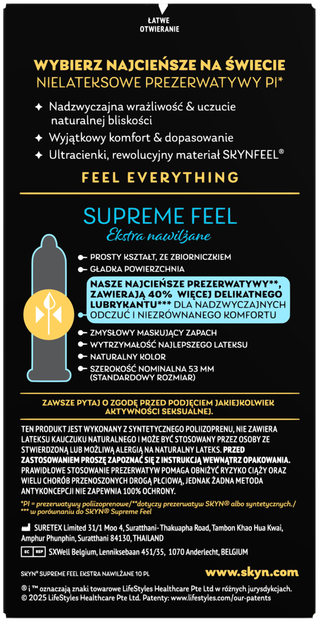 SKYN Supreme Feel prezerwatywy nielateksowe, ekstra nawilżane, 10 szt.
