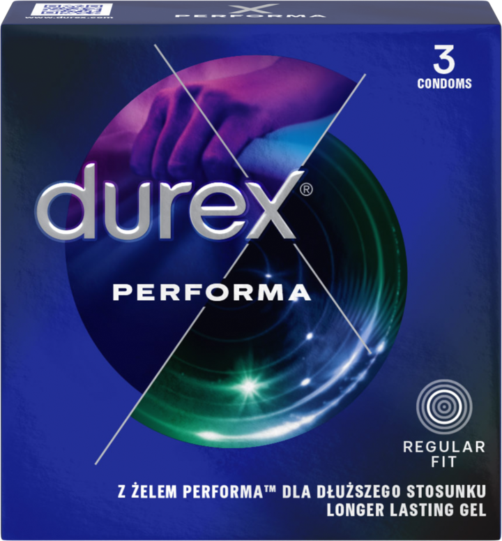 Durex Performa prezerwatywy z żelem przedłużającym stosunek, Regular Fit, 3 szt.