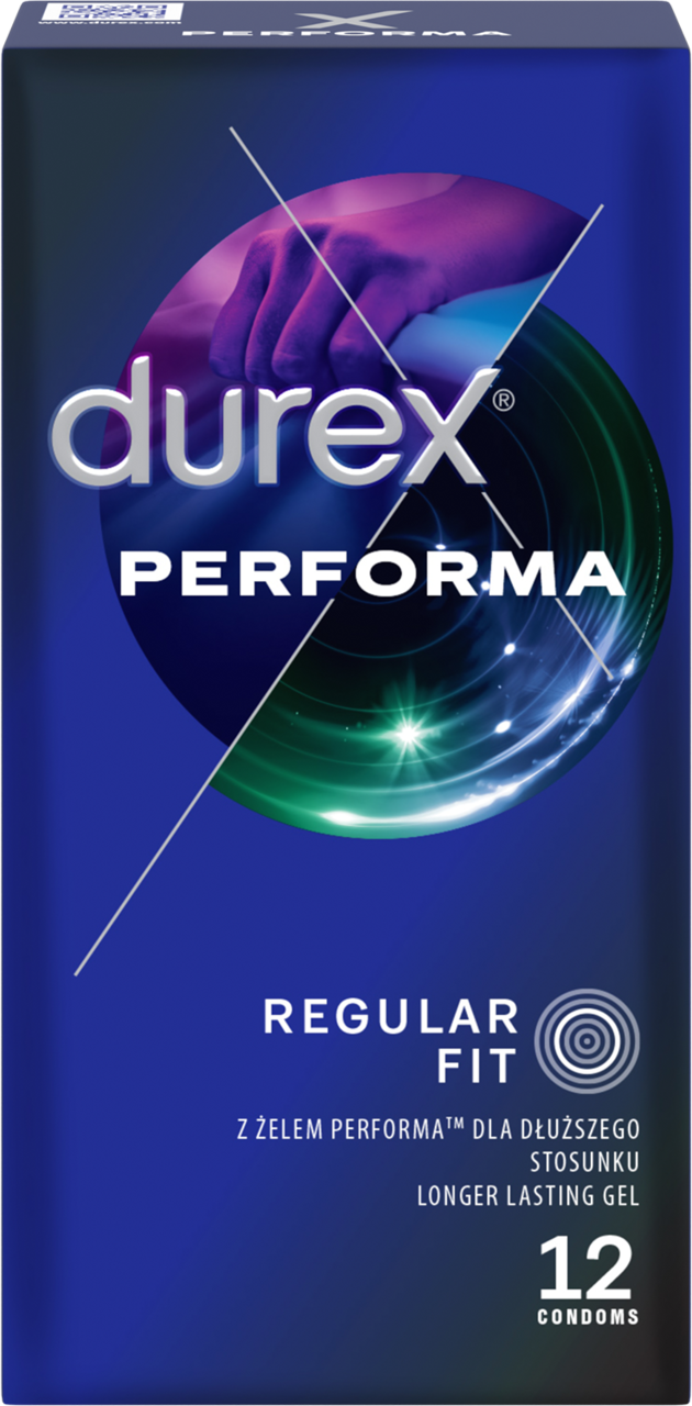 Durex Performa prezerwatywy z żelem przedłużającym stosunek, Regular Fit, 12 szt.