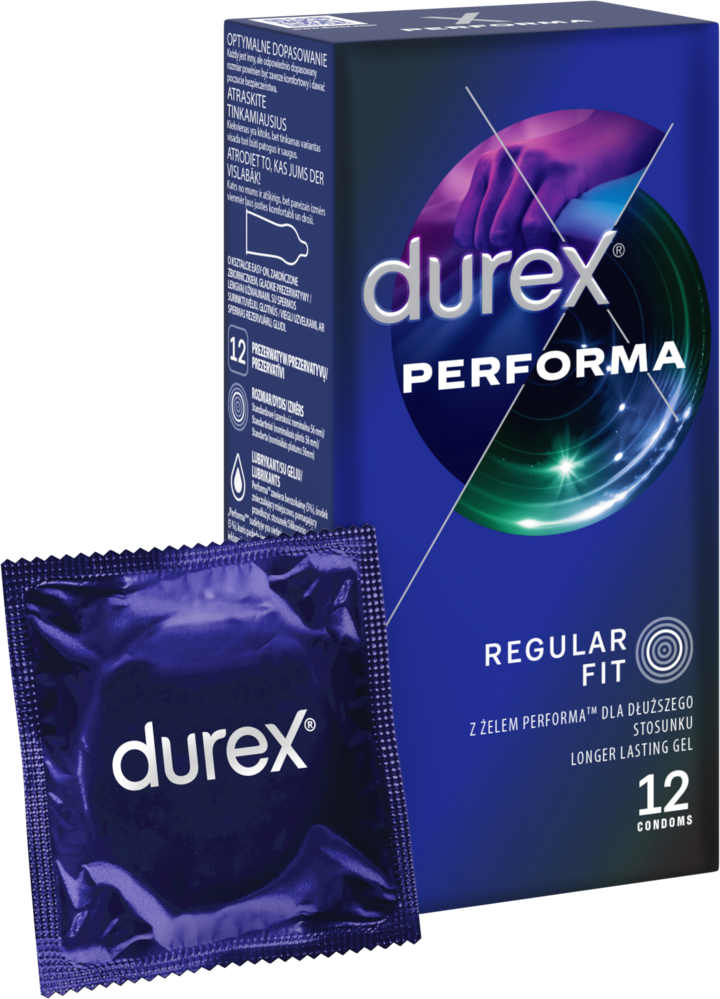 Durex Performa prezerwatywy z żelem przedłużającym stosunek, Regular Fit, 12 szt.