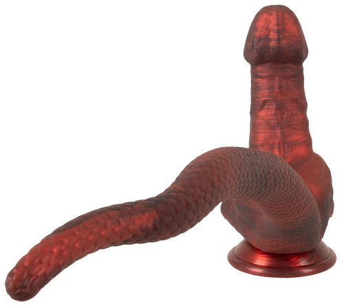 Tylna perspektywa dildo Panthera Double z zakrzywionym łuskowym ogonem