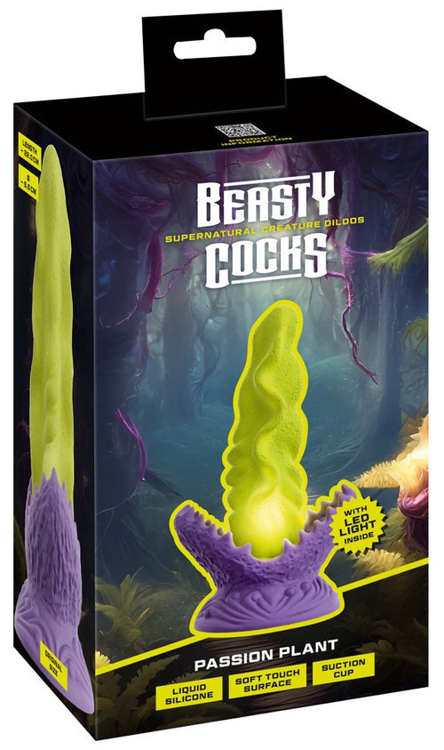 Opakowanie Beasty Cocks Passionate Plant z wizerunkiem świecącego dildo LED