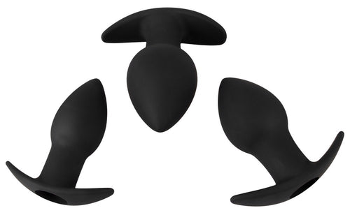 Trzy silikonowe korki analne Black Velvets pokazane pod różnymi kątami